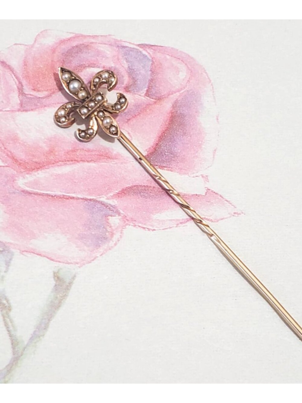 Antique Edwardian 14K Gold Seed Pearl Fleur de Lis Stick Pin Scarf Pin c1900